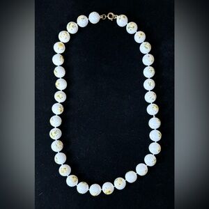 Vintage white bead strand necklace with printed yellow flowers C139